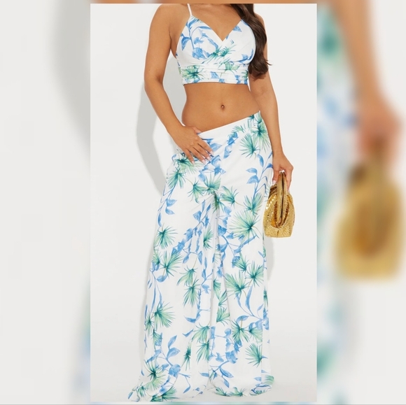 Fashion Nova Pants - Fashion Nova White and Blue Floral Jumpsuit